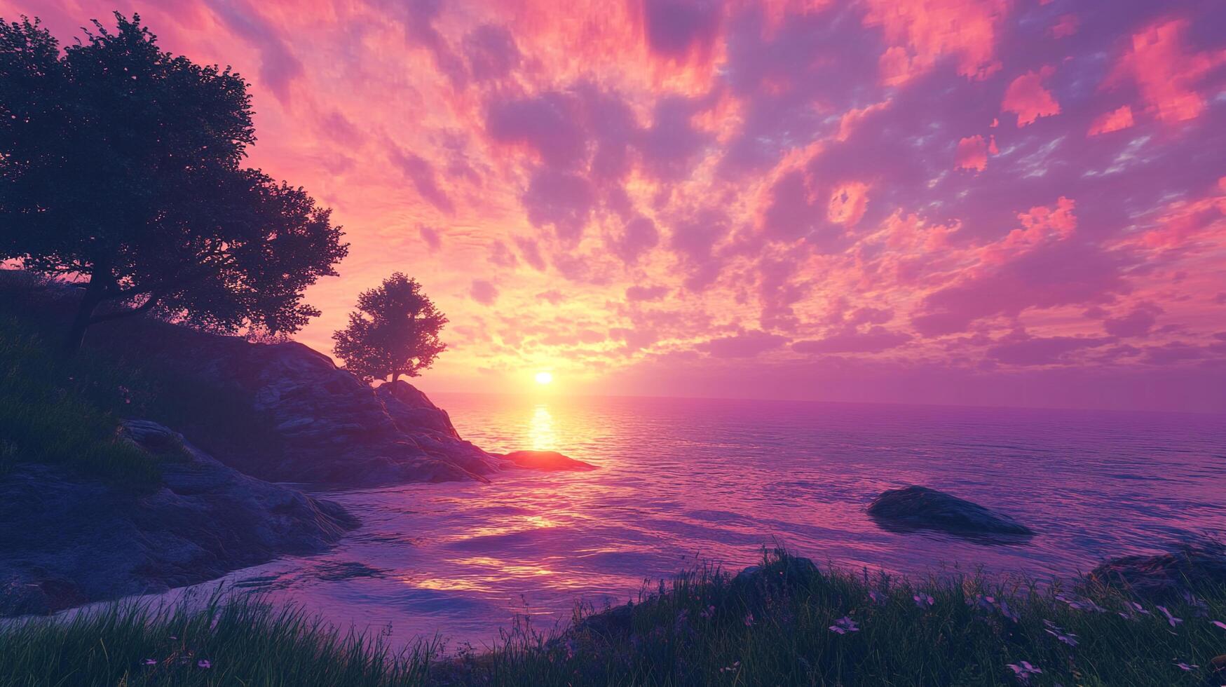 Majestic sunset over tranquil waters. Breathtaking hues of pink and purple paint the sky, casting a serene glow on the landscape. photo