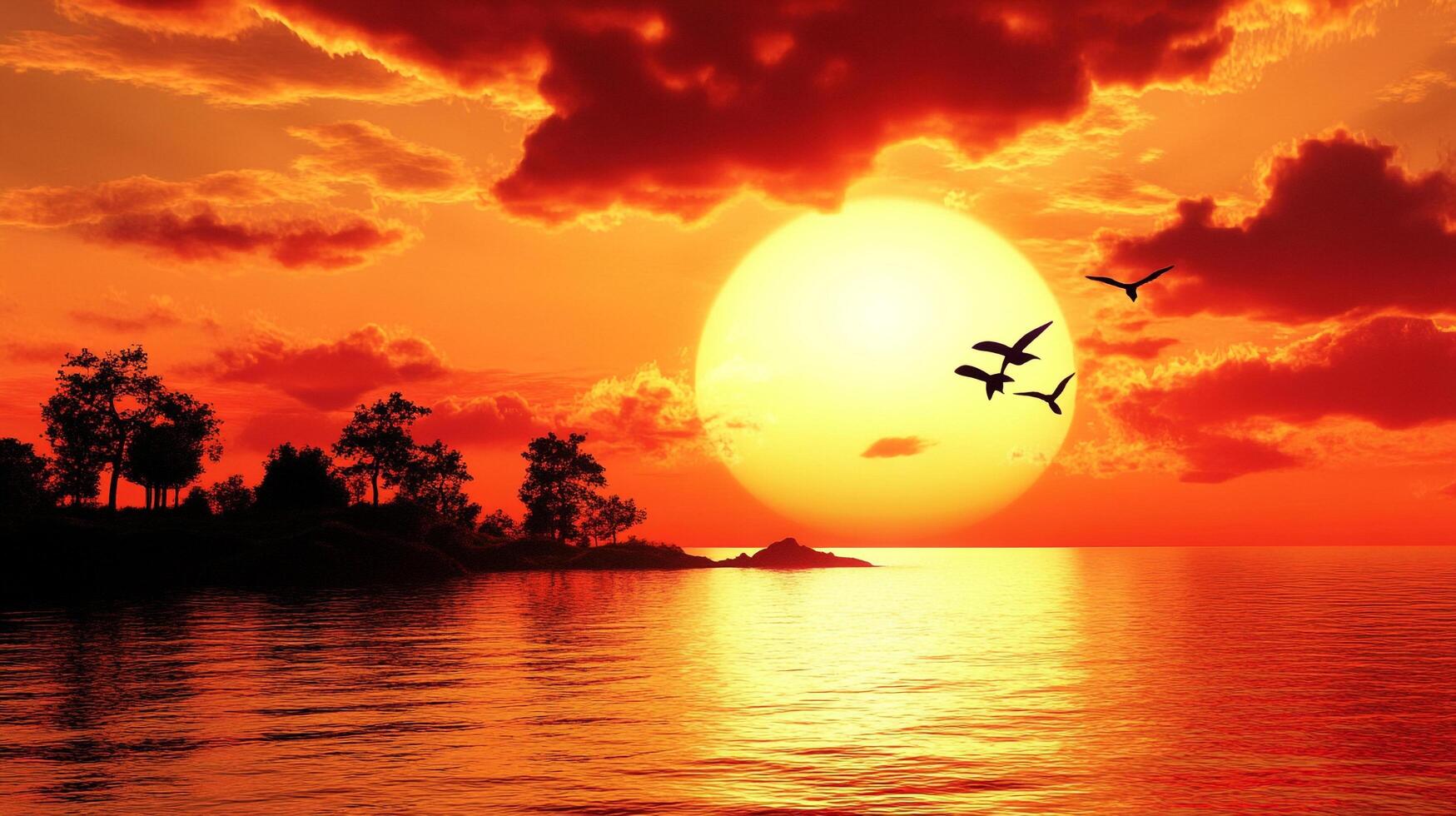 A vivid sunset scene features silhouetted trees, birds in flight, and a radiant sun reflecting off the water, creating a warm, tranquil atmosphere. photo