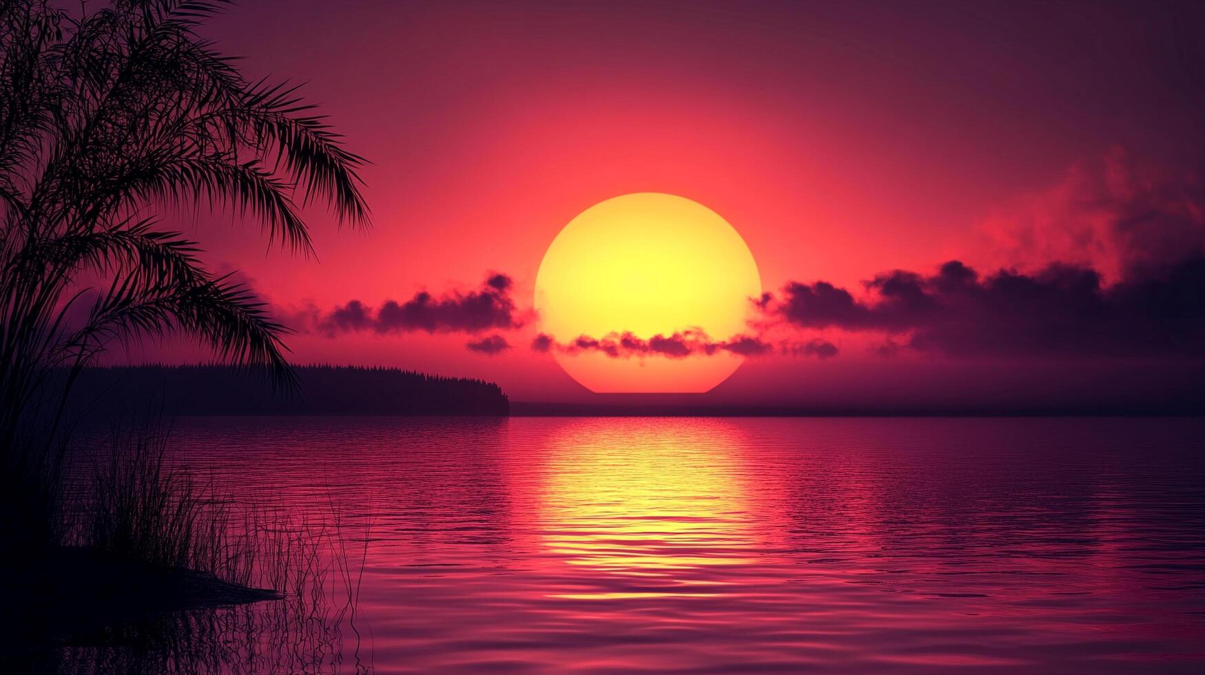 Palm trees stand as the sun sets on the horizon with a beautiful display of golden light and cloud reflections on the water. photo