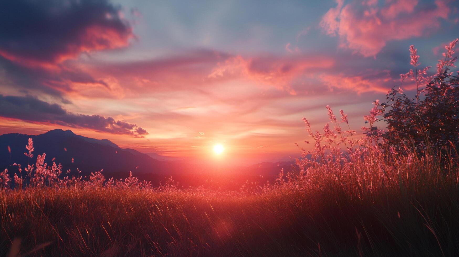 Sunset hues paint the sky, casting a warm glow over the mountains and field of grass. A serene and beautiful nature scene unfolds. photo