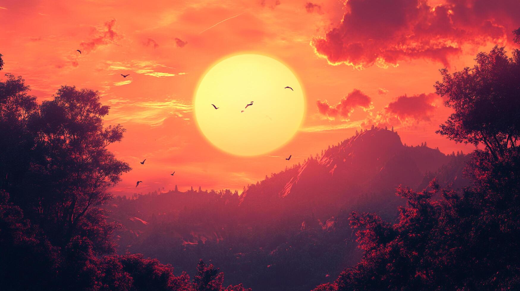 Serene nature scene featuring a bright sun dominating the sky above a forest and mountains at sunset, colored with shades of orange and red. photo