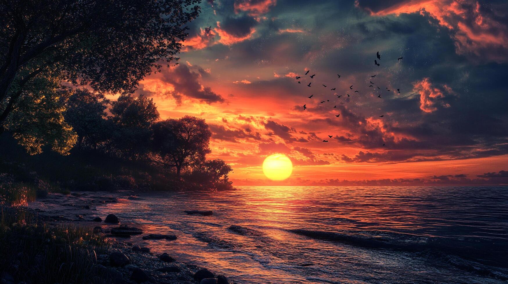 Vivid ocean sunset with silhouetted trees and birds, casting a tranquil and colorful glow over the water and sky. photo