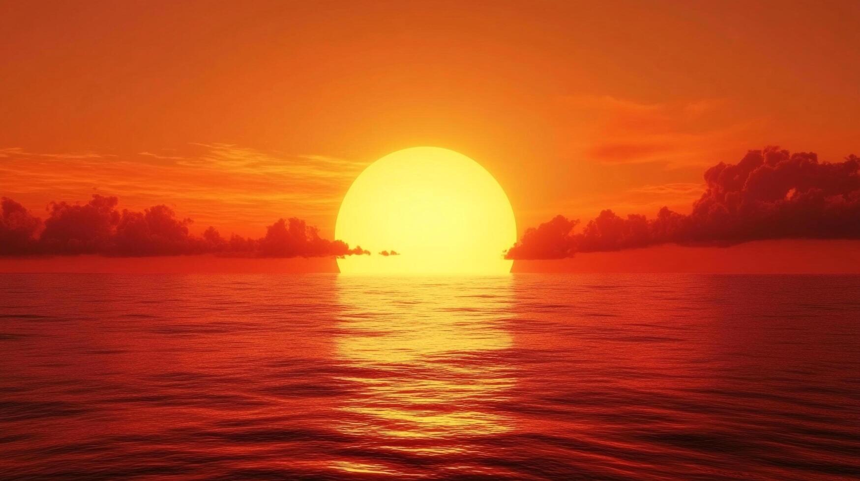 A mesmerizing sunset over the water, with orange hues reflecting on the calm water. The sky is illuminated with a radiant, warm glow. photo
