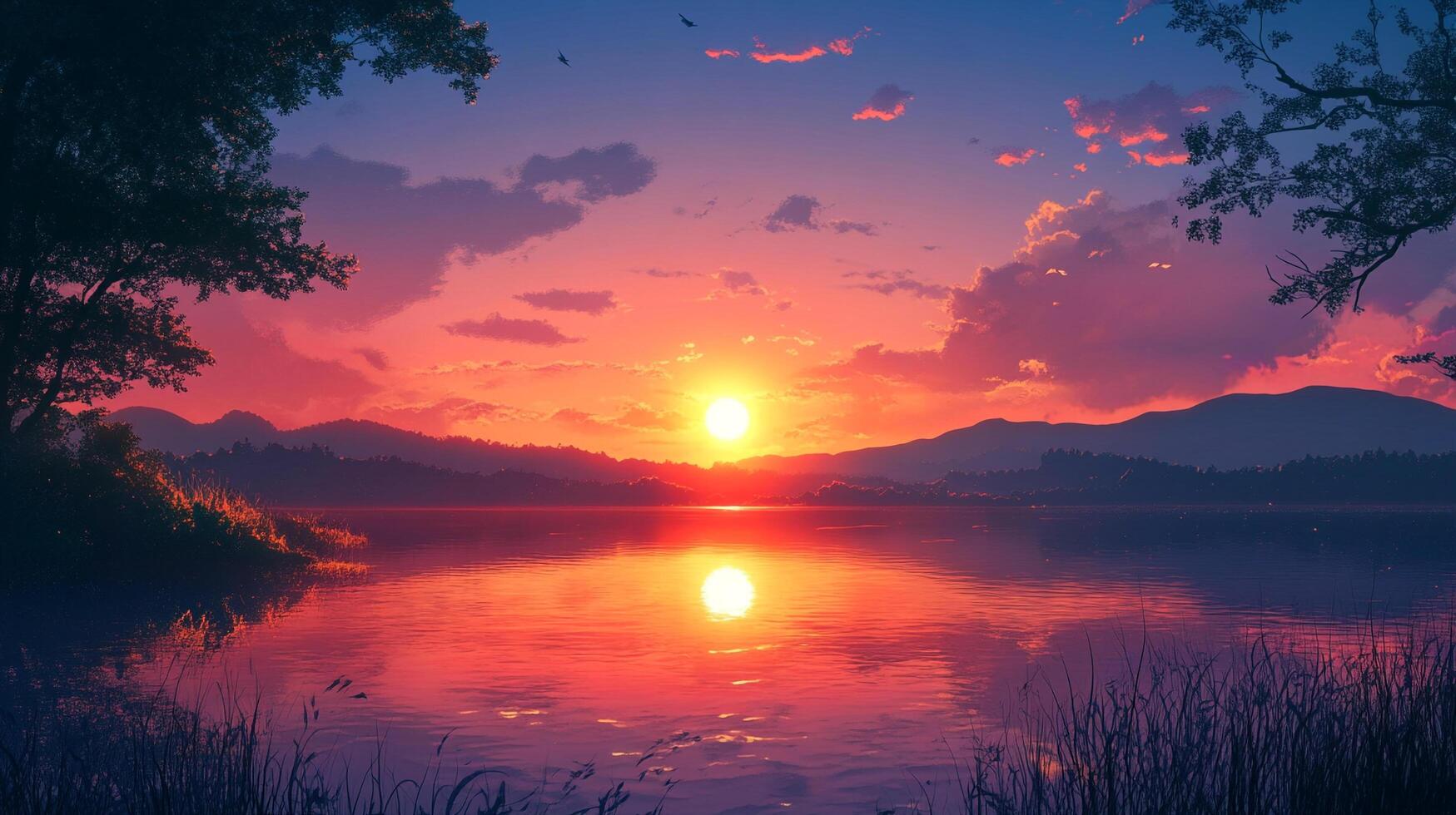 Sunset serenity over a calm lake, painting the sky with vibrant pink and orange hues, reflecting the peaceful ambiance in the water. photo