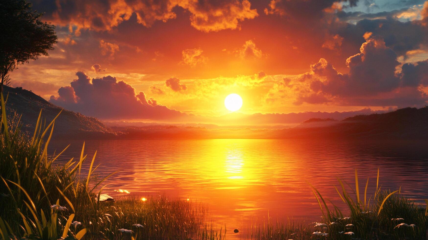 Spectacular sunset over a tranquil lake, reflecting warm orange light. Silhouetted hills and grass frame the scene. Mesmerizing end to the day. photo