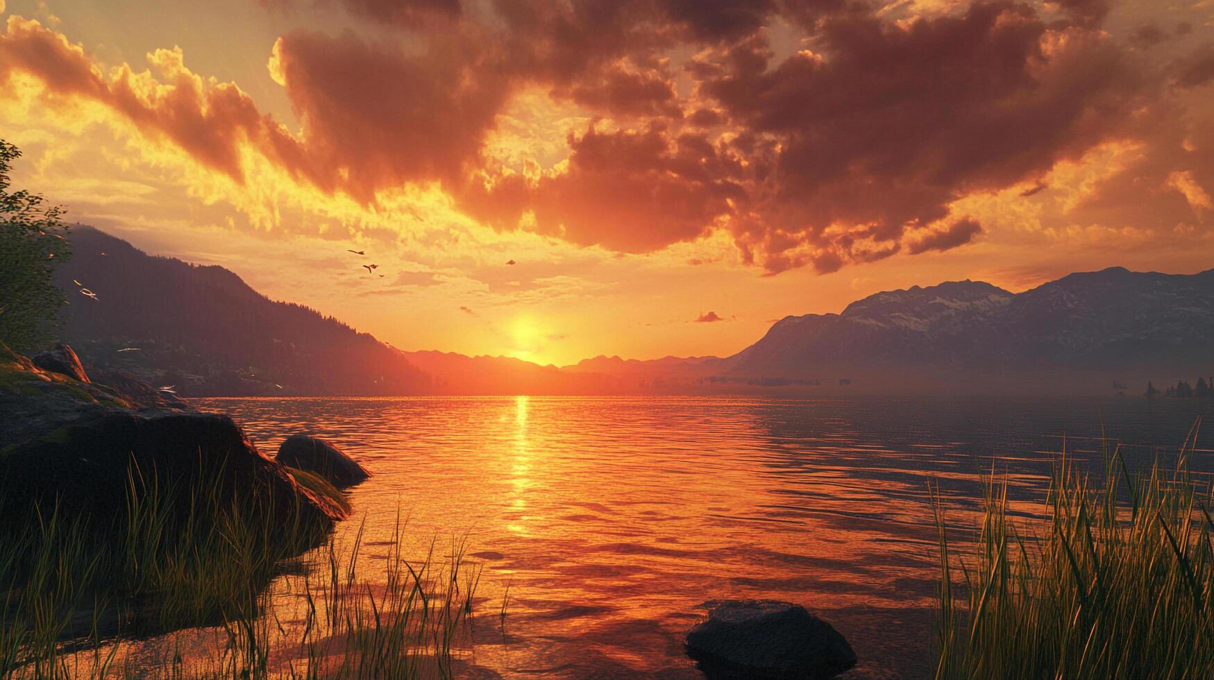 Golden Sunset Reflects on Calm Lake with Mountains. Serene landscape with warm colors and gentle ripples, ideal for relaxation. photo