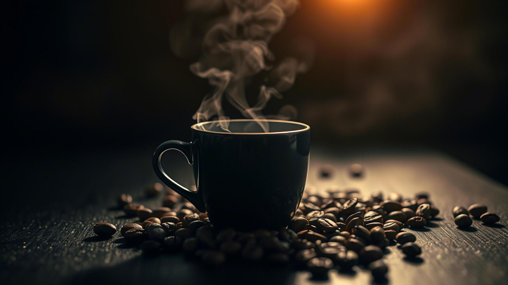 a steaming cup of coffee with a moody background on a dark wooden table photo