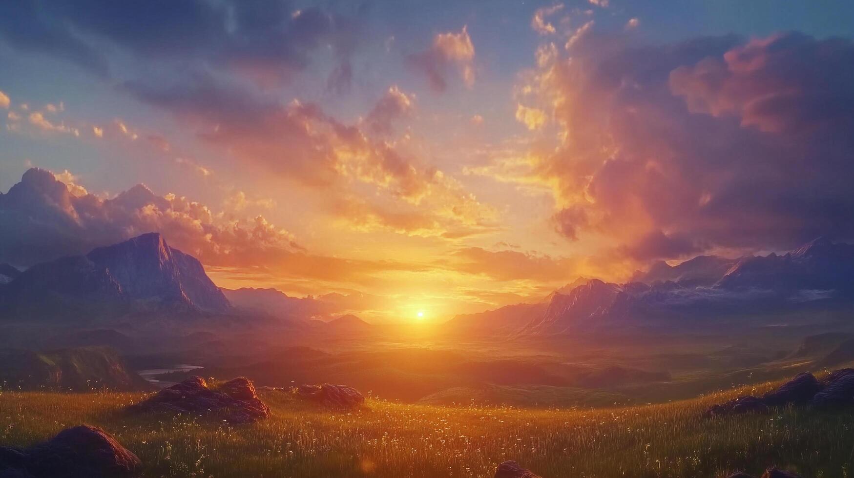 Vibrant sunset casts a warm glow over a mountainous landscape. The scene evokes peace and the majesty of nature. photo