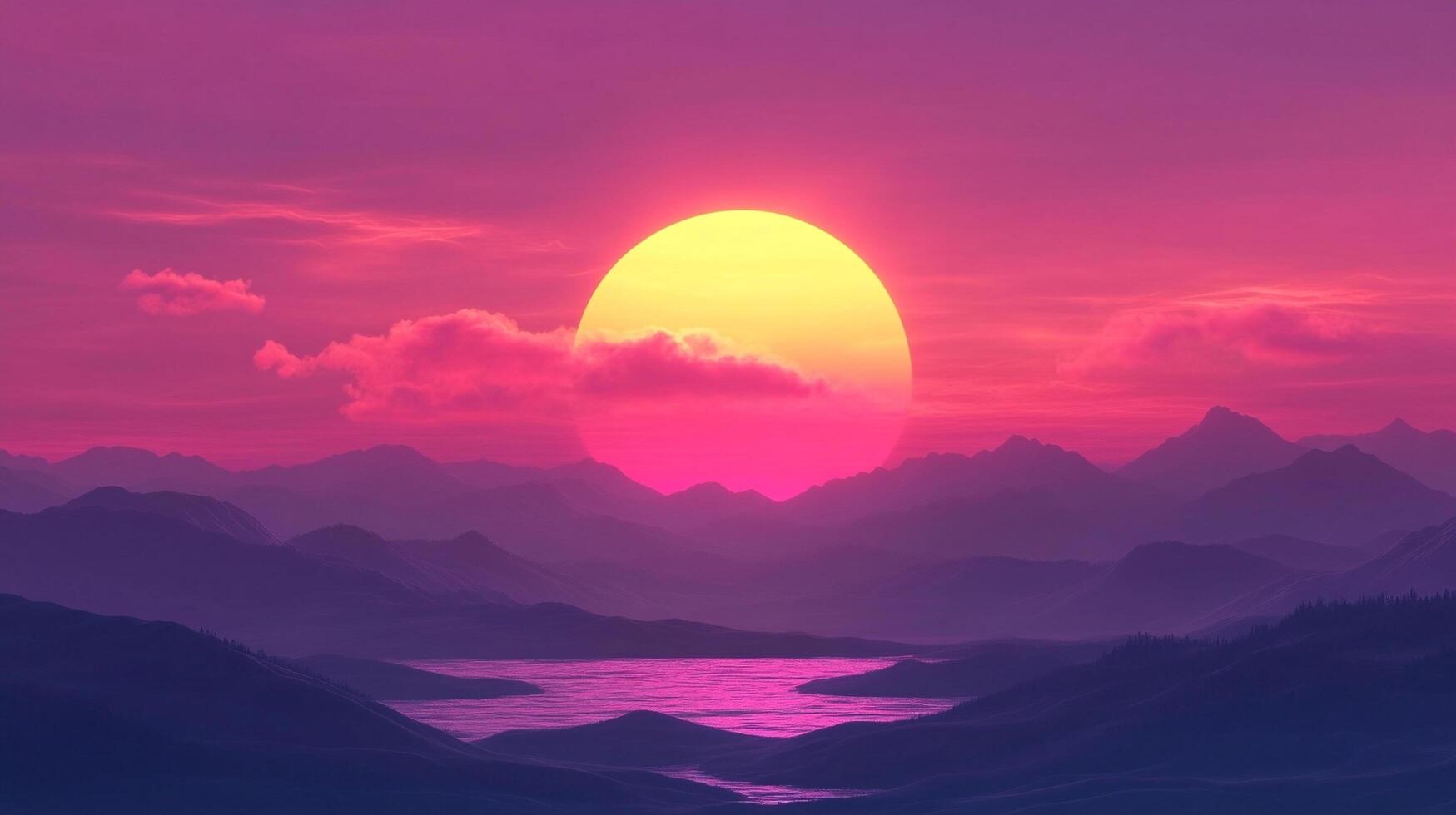 A majestic sunset over rolling mountains and a serene lake, painted in vibrant shades of pink, yellow, and purple. Dreamy and picturesque. photo