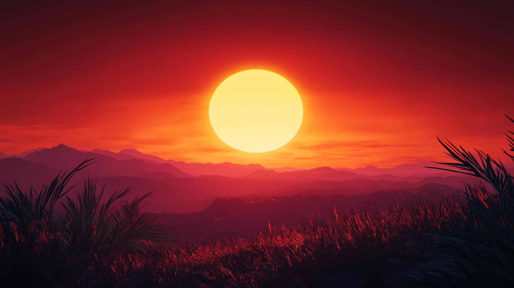 Vibrant sunset bathes a serene landscape in warm, red hues. Silhouetted mountains and foliage create a peaceful scene. photo