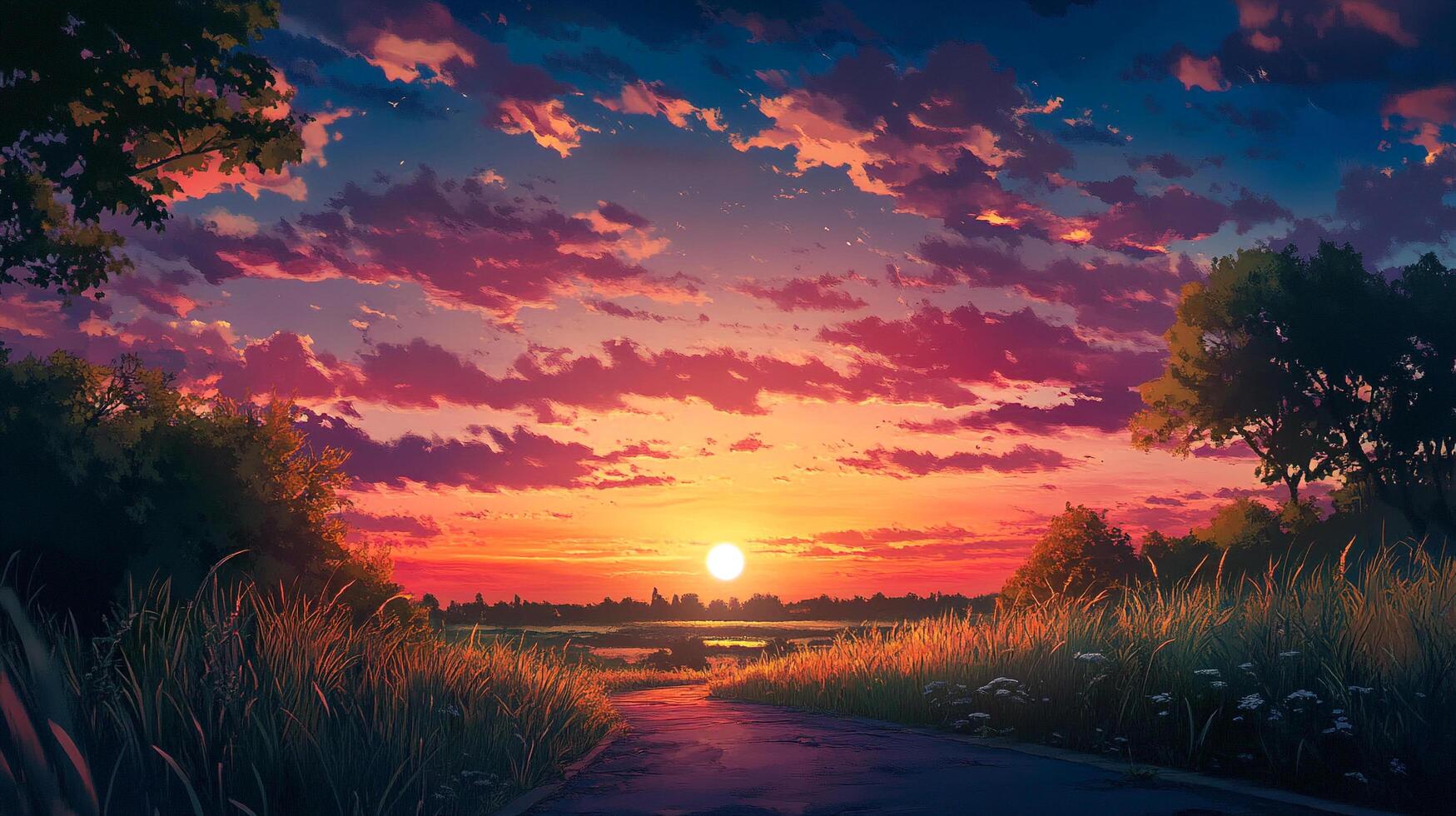 Beautiful sunset painting of a peaceful landscape. The sky is full of vibrant colors and wispy clouds. It's a serene, scenic vista. photo