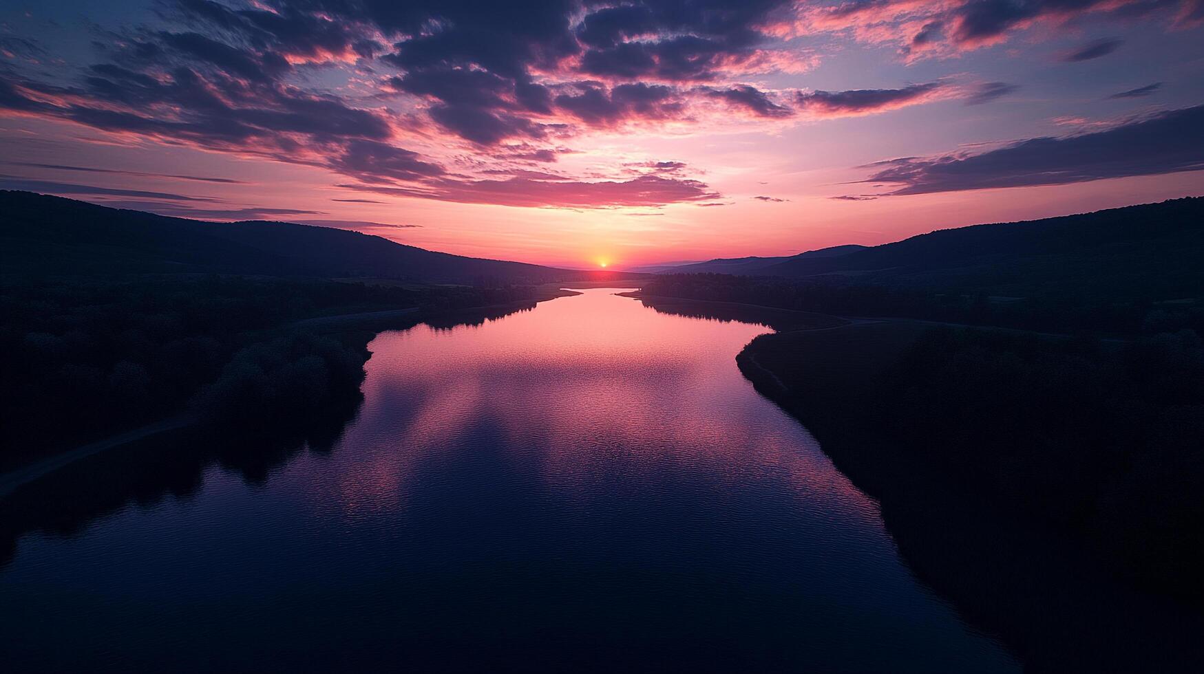 Vibrant sunset over a tranquil river, reflecting the colorful sky in its calm waters. A picturesque scene of nature's beauty. photo