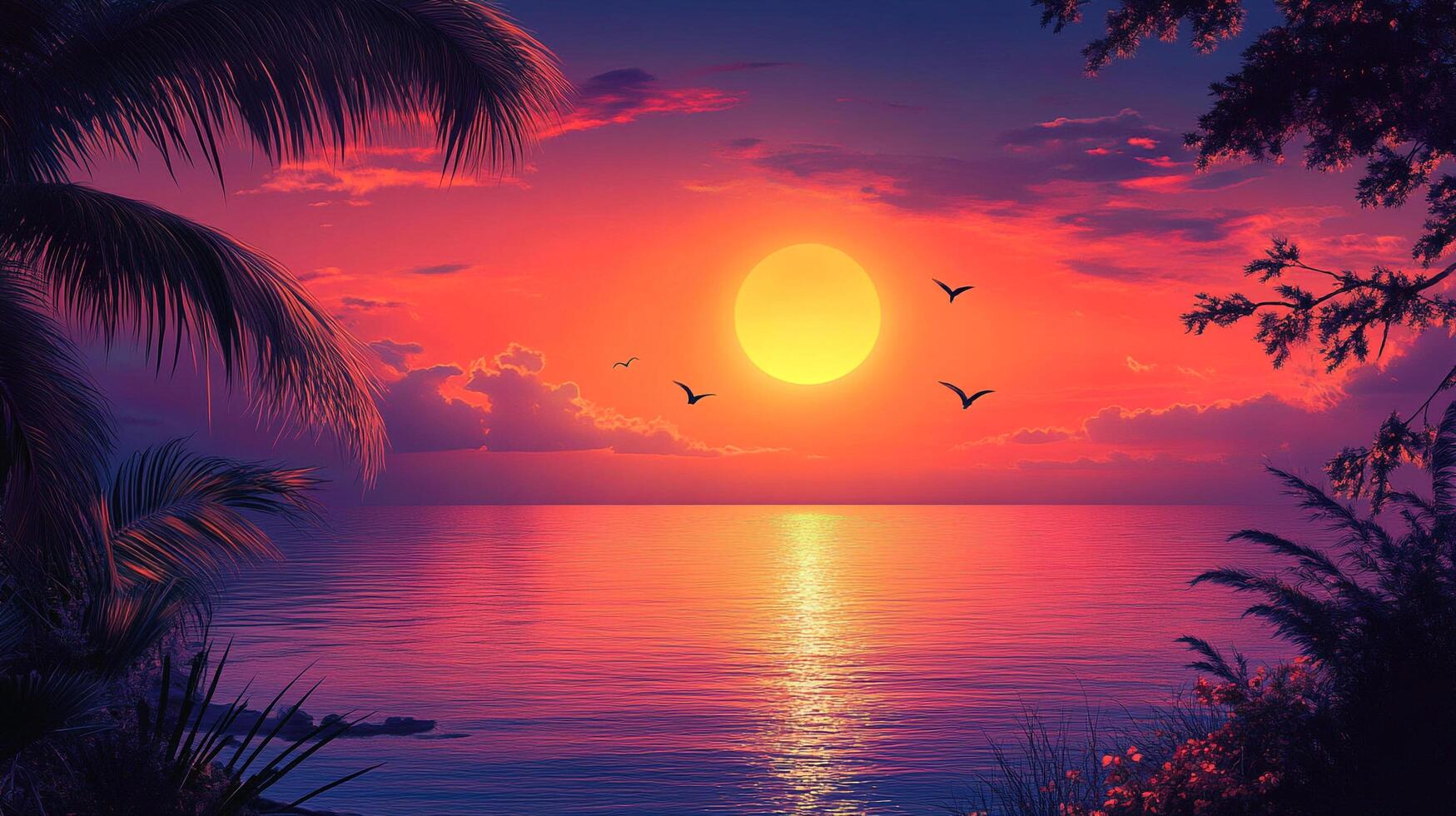 Tropical sunset over calm ocean, with silhouetted birds and palms, vibrant orange and pink sky create serene, dreamy beach scenery. photo