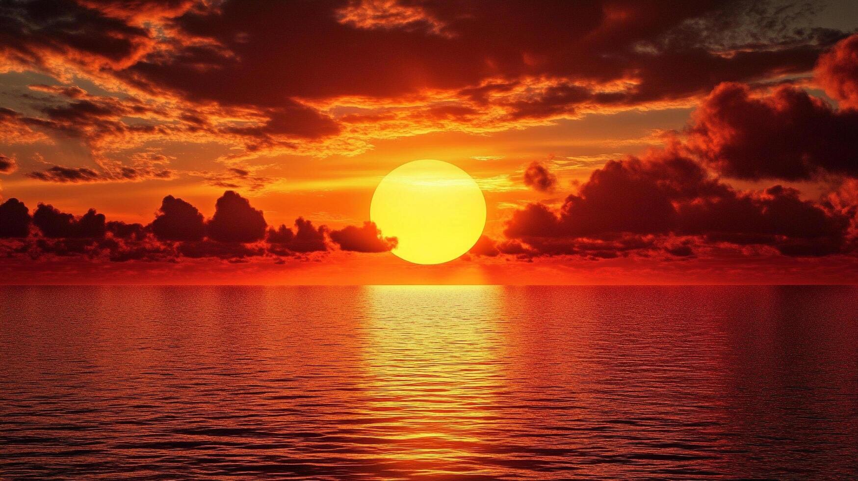 A vibrant sunset casts a golden glow across the still ocean, with dark clouds framing the scene for a visually stunning landscape image. photo