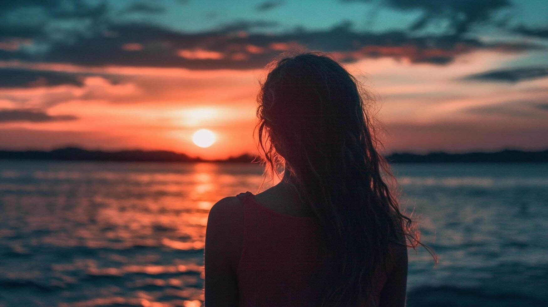 A silhouette gazing at the setting sun's vibrant colors, casting a serene reflection on the water. Peaceful nature, serene beauty. photo