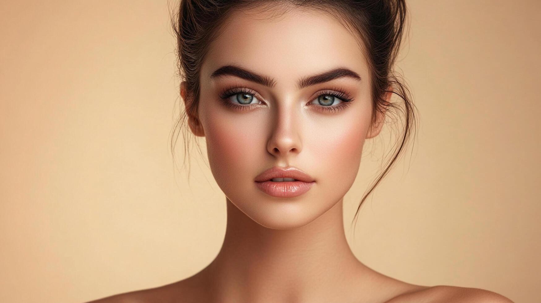 Close-up beauty portrait of a model with makeup and hair up. The subject is centered against a beige backdrop showcasing her features. photo
