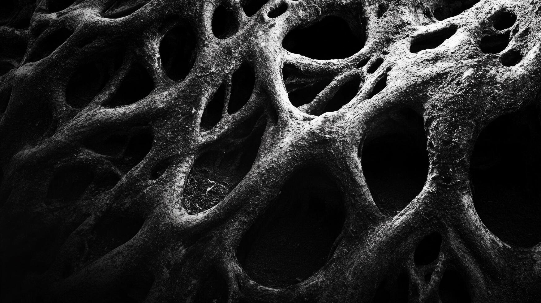 Abstract image of dark, interconnected voids with organic, root-like texture. Great for backgrounds and atmospheric design. photo