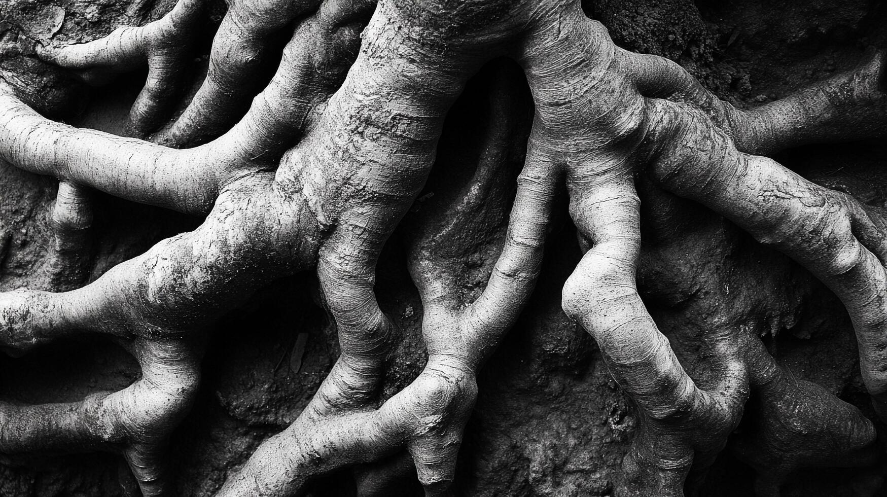 Monochrome close-up featuring a tangled web of sturdy, exposed tree roots, intertwining for a grounded and primal visual statement. photo