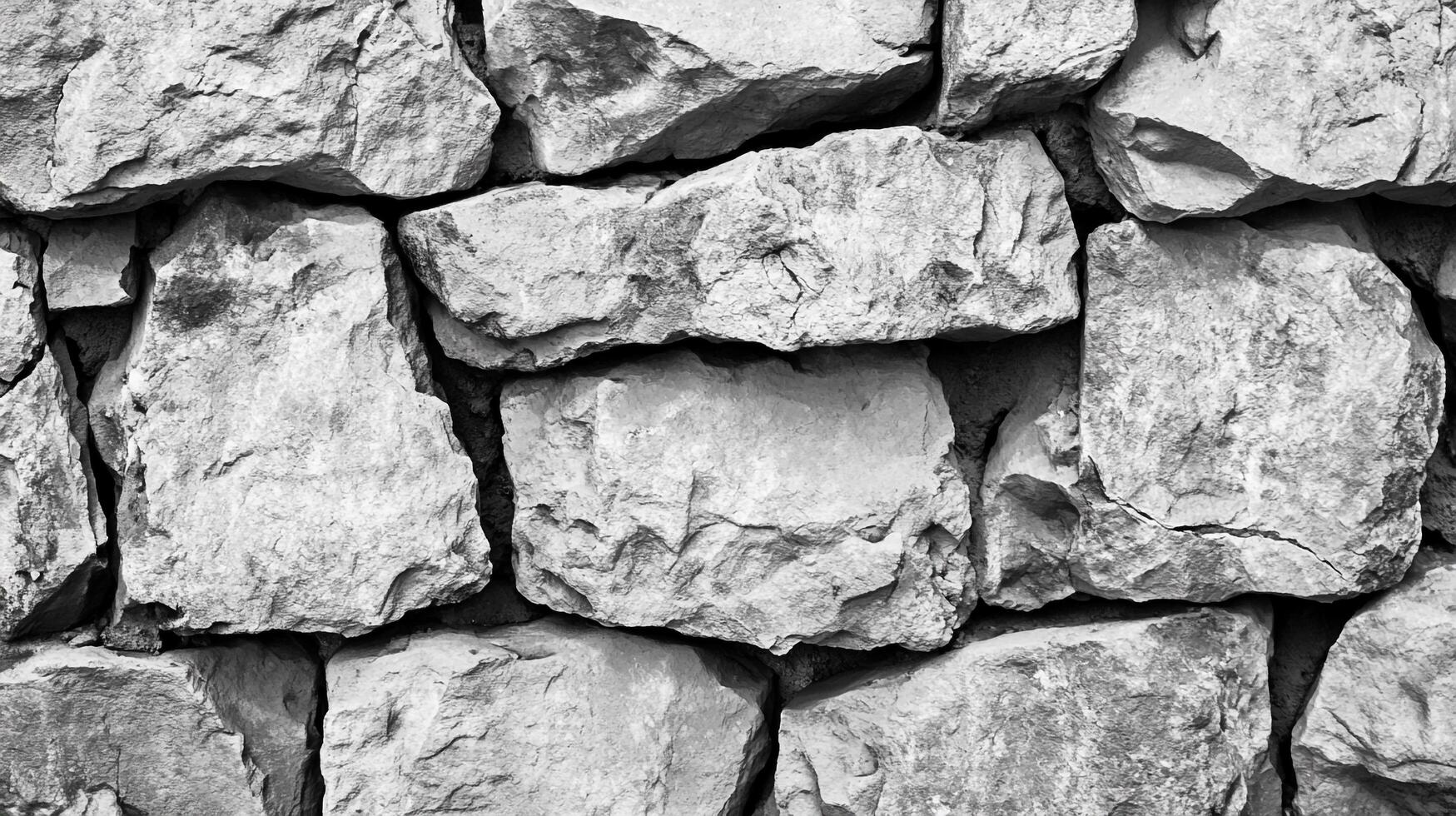 Monochrome image shows a dry stone wall. The rock wall offers texture and a solid, natural, and structural impression. Close up. photo