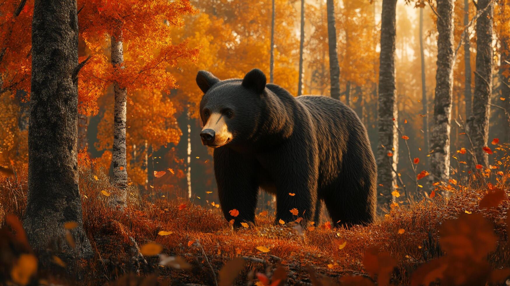 A black bear stands amidst a vibrant autumn forest, surrounded by falling leaves and golden sunlight streaming through the trees. photo