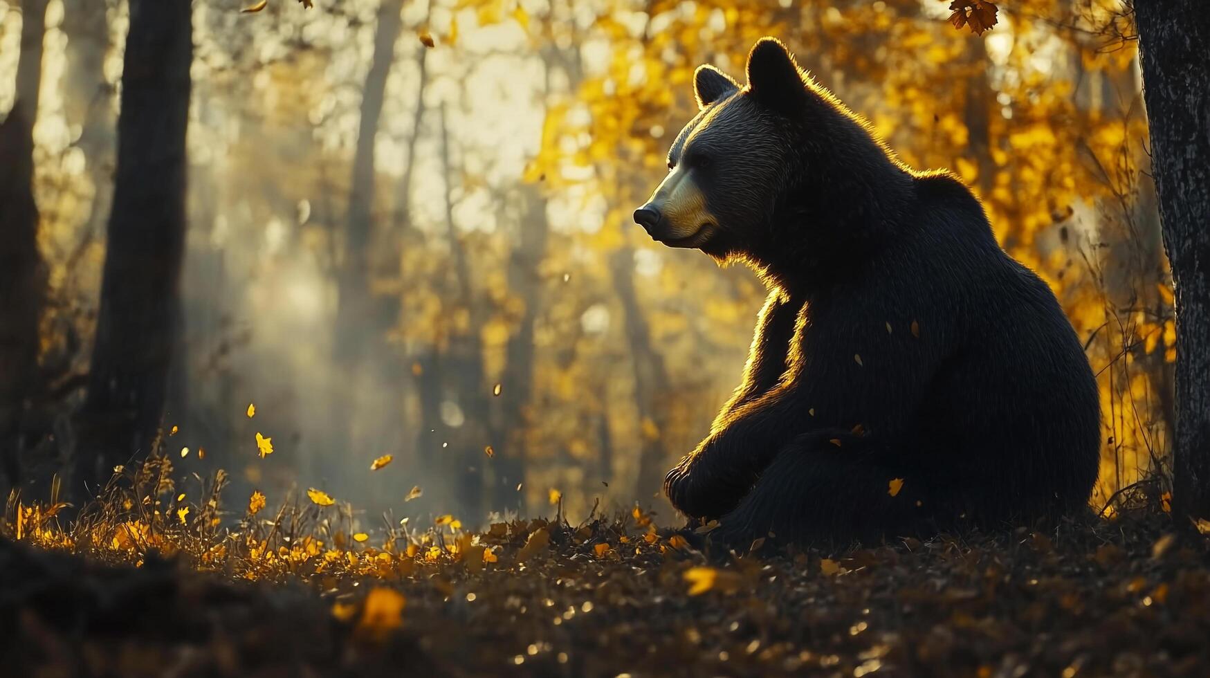 Contemplative bear soaks in the golden autumn light, nature's beauty on full display in the serene woods. Majestic. Peaceful. Wild. photo