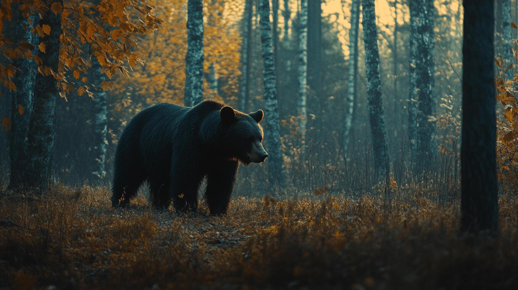 A majestic brown bear traverses a serene autumn forest, its dark fur contrasting with the golden hues of the surrounding foliage, and birch trees photo