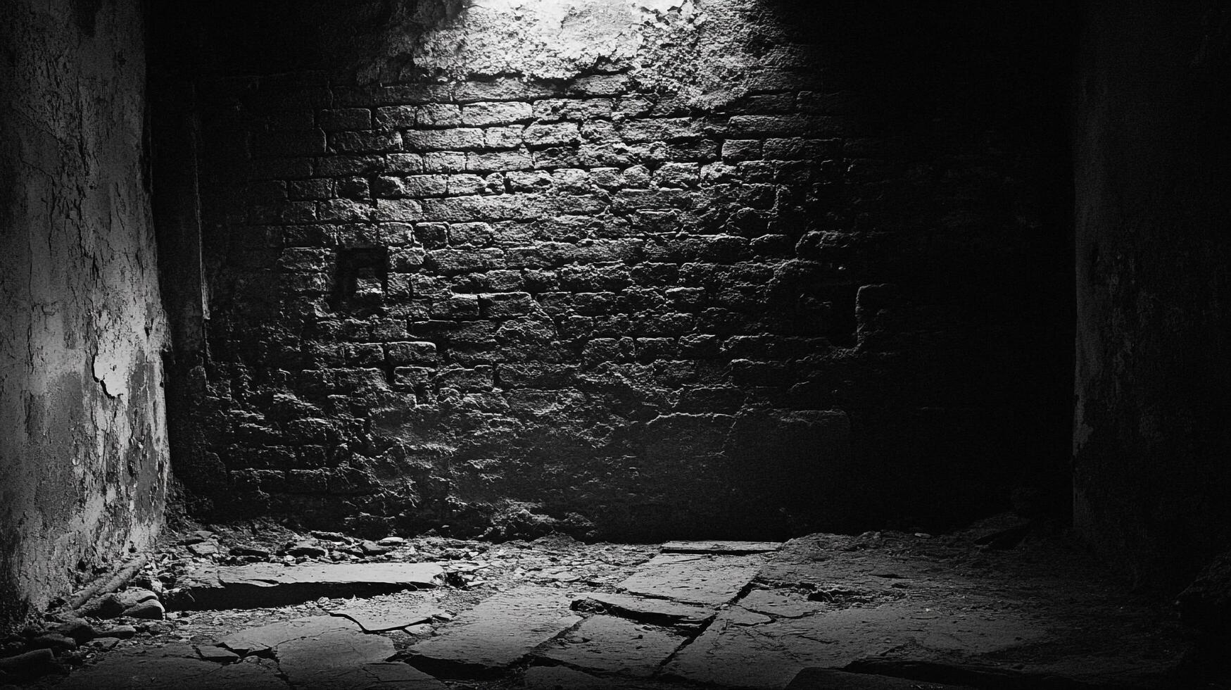 Eerie grayscale shot of a weathered brick wall inside a dimly lit, spooky abandoned dungeon-like chamber, creating an ominous atmosphere. photo