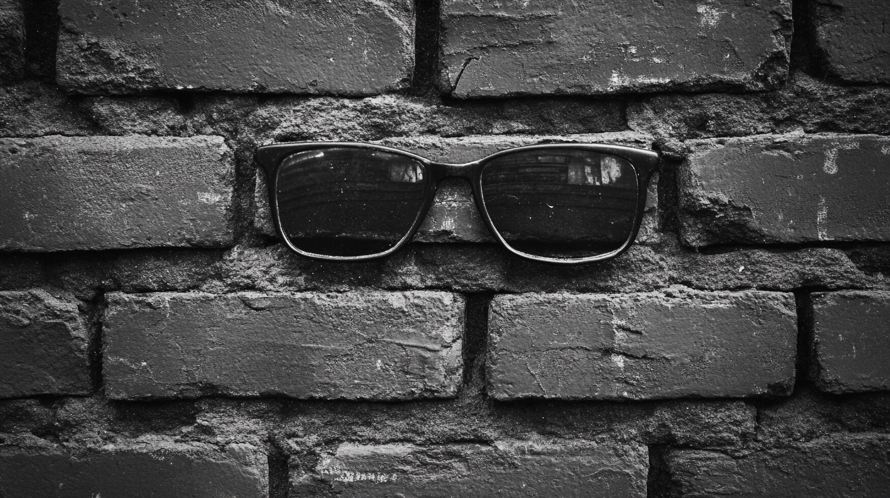 Sunglasses rest on a brick wall, creating a stark contrast of textures and shapes in a monochromatic composition. Style meets the street. photo