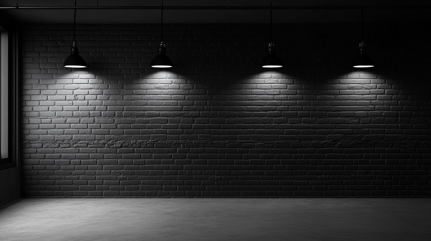 Monochrome interior with a dark brick wall illuminated by hanging lights, creating a stark contrast in the minimalistic space. photo