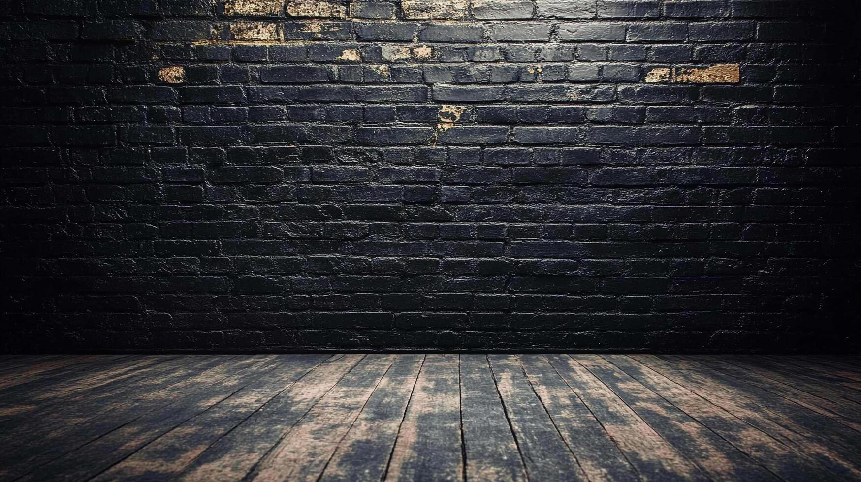 Moody backdrop with dark painted brick wall and a weathered wooden floor, creating a grungy, textured setting for various purposes. photo