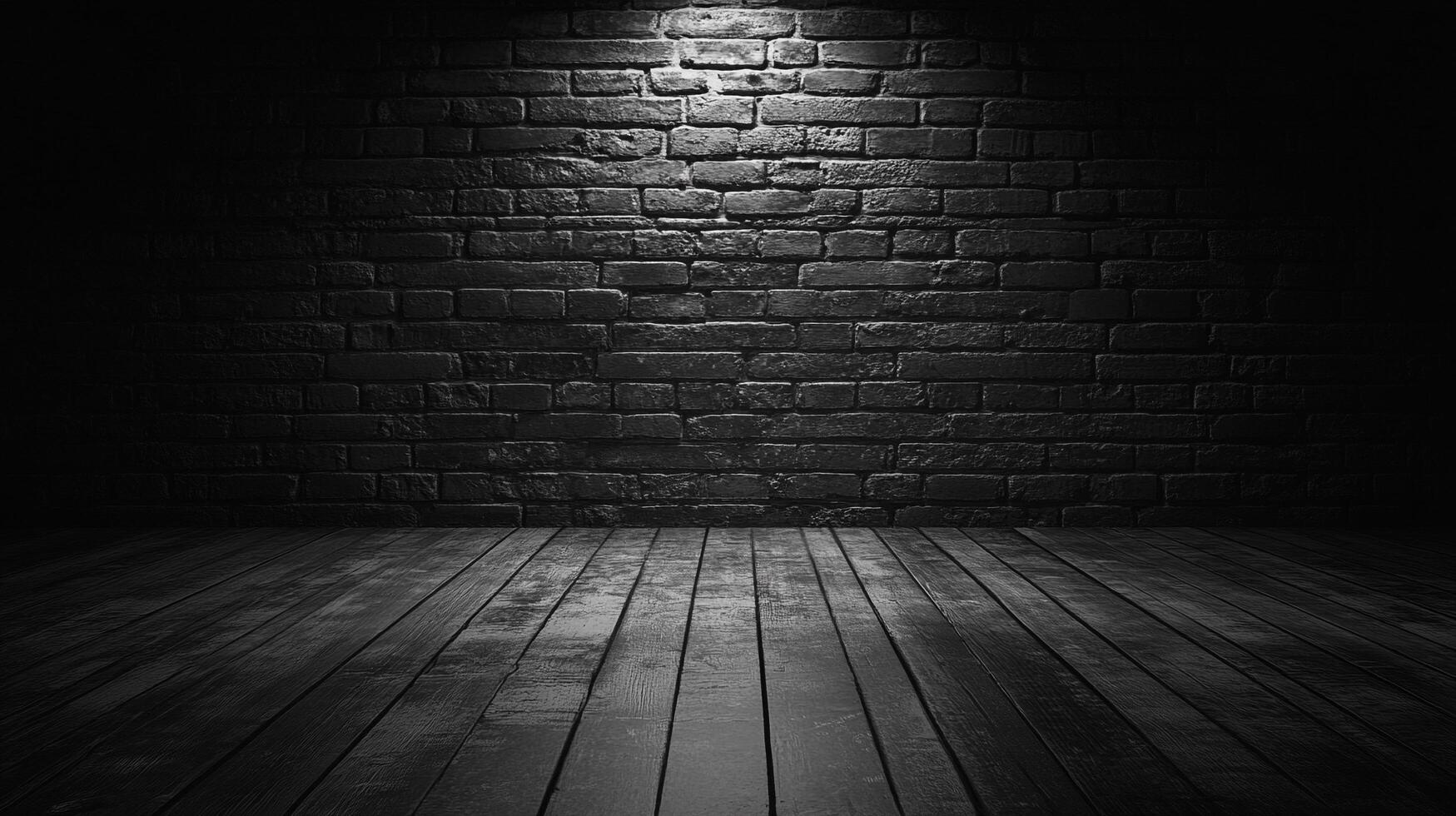 A stark, monochromatic room featuring a textured brick wall illuminated by a single light source and a dark wood plank floor. photo
