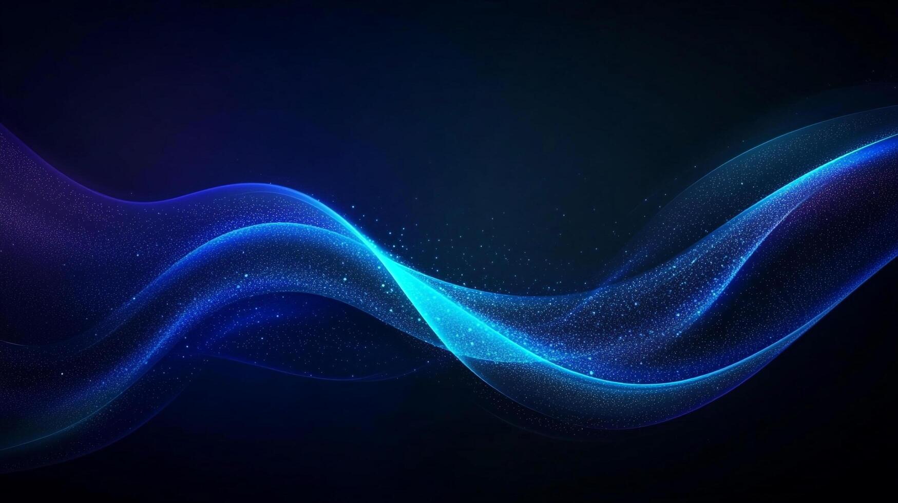 Abstract flowing lines with a gradient of blue and purple. Shimmering particles accent the wavy pattern in a dark, atmospheric space. photo