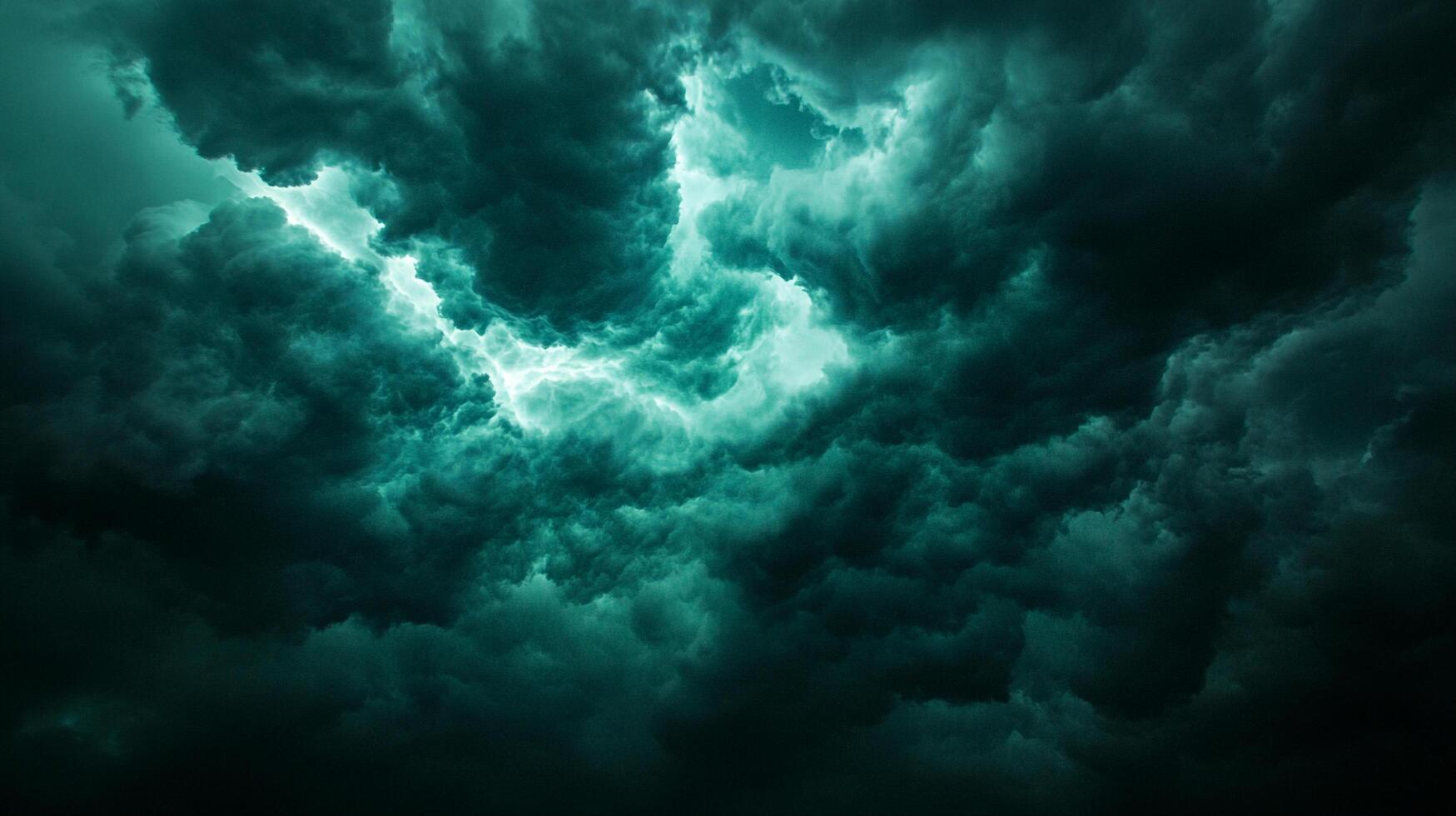 Eerie teal storm clouds mass ominously. Lightening crackles through the thick, foreboding atmosphere. Nature's raw power on full display. photo