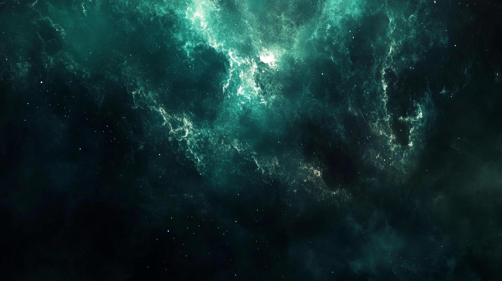 A mesmerizing cosmic expanse unveils ethereal nebulous clouds, where swirling hues of emerald and luminous highlights dance amid the darkness photo