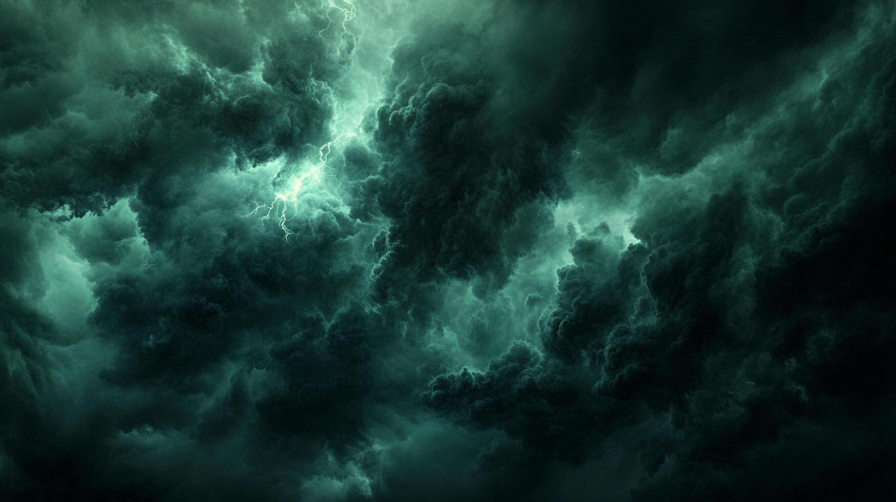 A dramatic scene unfolds with dark, ominous clouds illuminated by bursts of lightning, hinting at a powerful storm. photo
