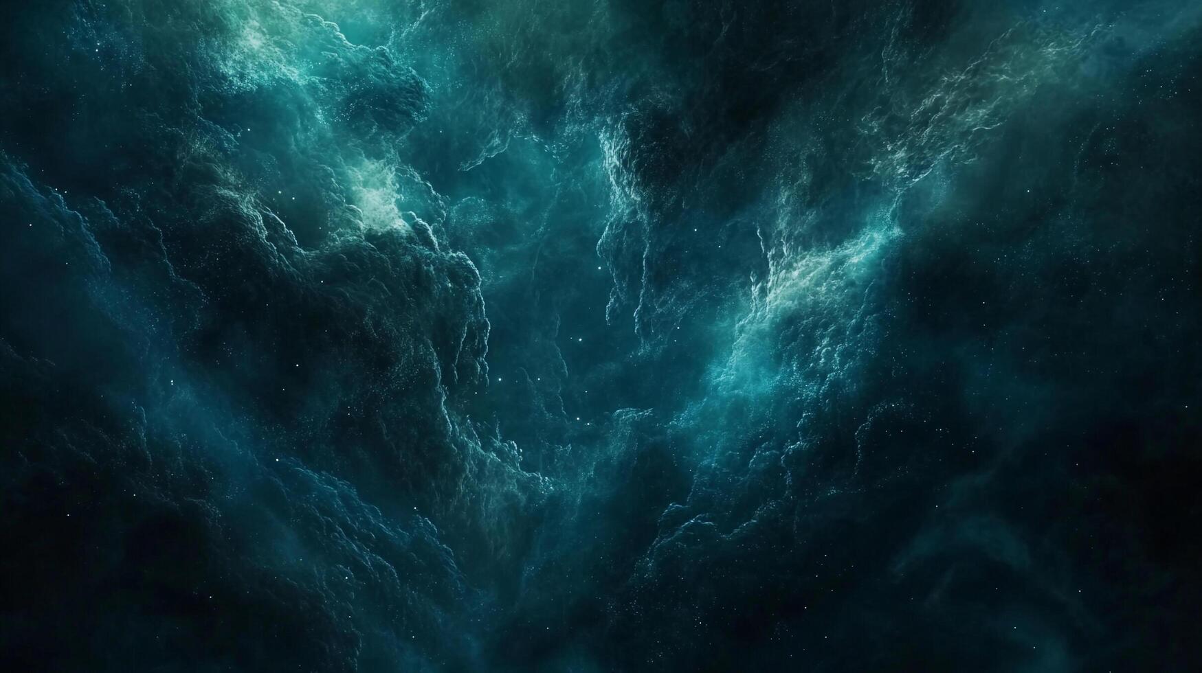An ethereal nebula with swirling cosmic clouds painted in shades of turquoise and deep blue, evoking a sense of wonder and interstellar mystery. photo