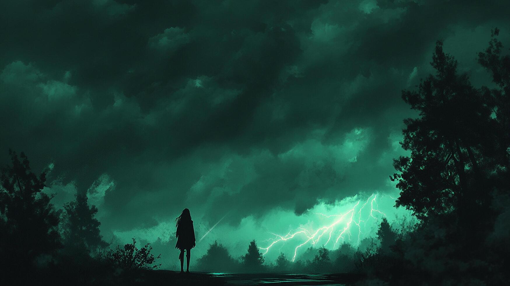 A lone figure stands silhouetted against a stormy sky with lightning, creating a dramatic and ethereal scene. Nature's power visualized. photo