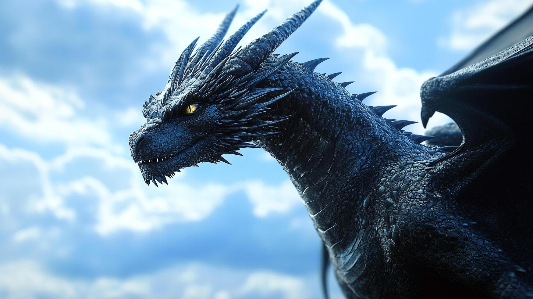 A magnificent dark dragon soars through a cloudy sky, its scales shimmering in the light. A symbol of power and majesty in fantasy art. photo