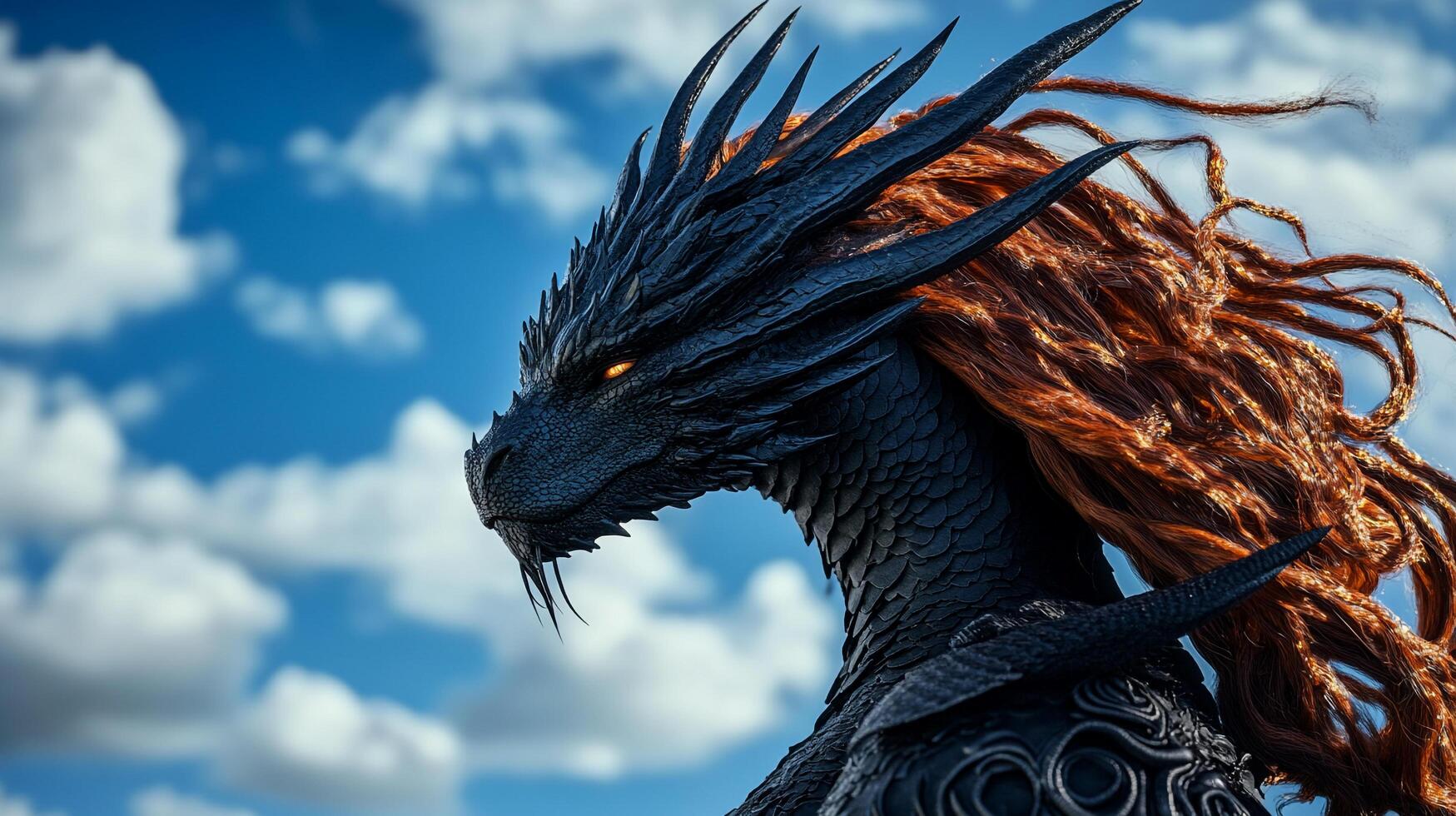 Black scaled dragon with fiery orange mane against a blue sky filled with fluffy clouds, a majestic and powerful mythical creature. photo