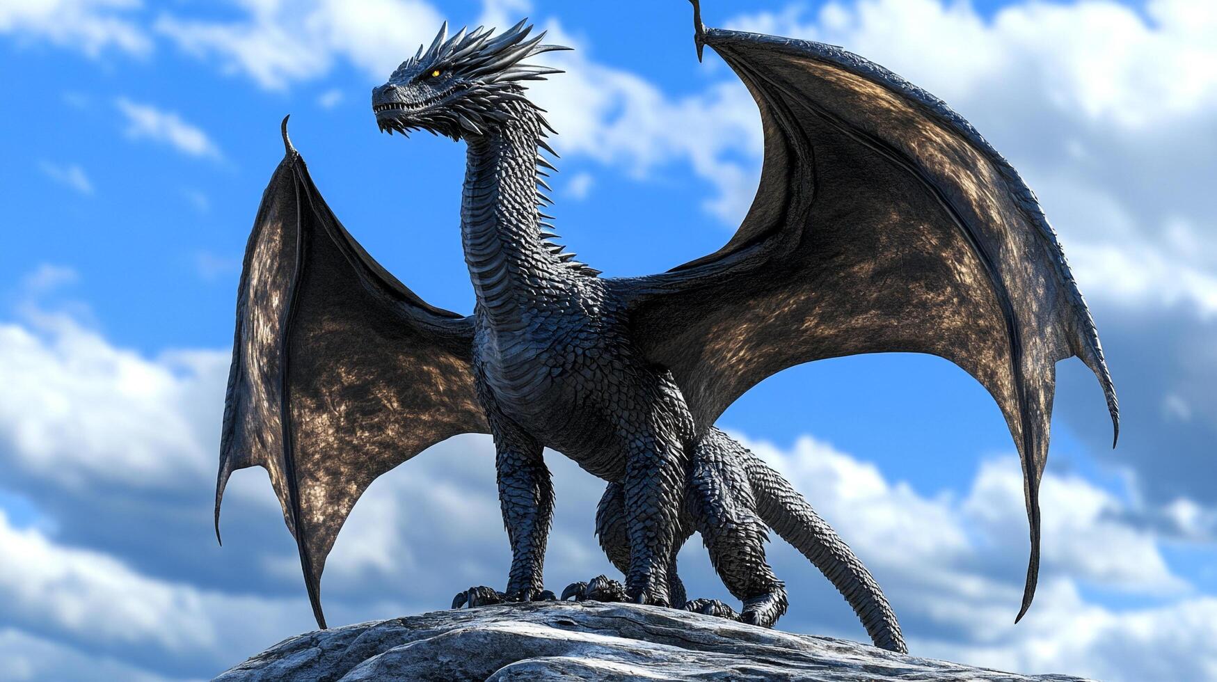 A majestic dragon surveys its domain, its shadowy scales blending with the dramatic sky. A testament to fantastical creatures. photo
