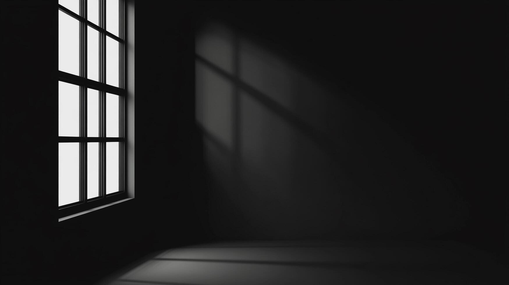 Dark room with window and light. Light rays illuminate the space creating contrast and shadow, suggesting solitude and minimalist design. photo