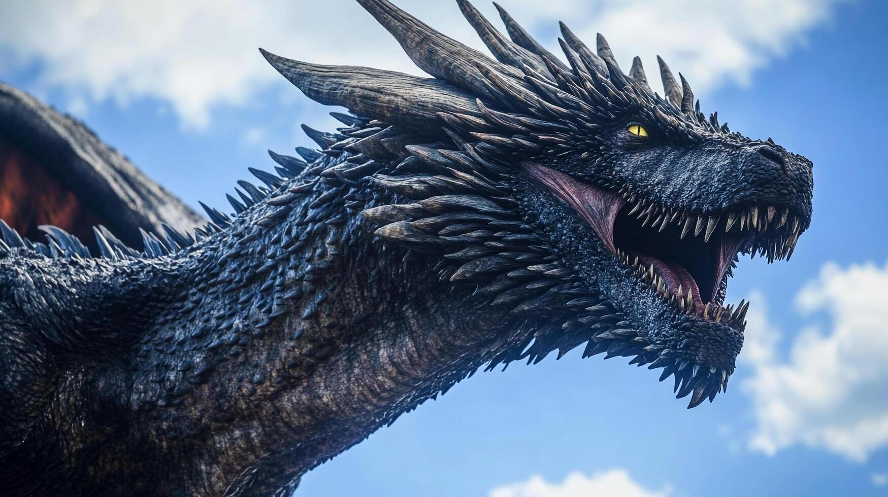 A majestic dragon, scales shimmering against a backdrop of cloudy blue skies. Its fearsome teeth and piercing eyes hint at untamed power. photo
