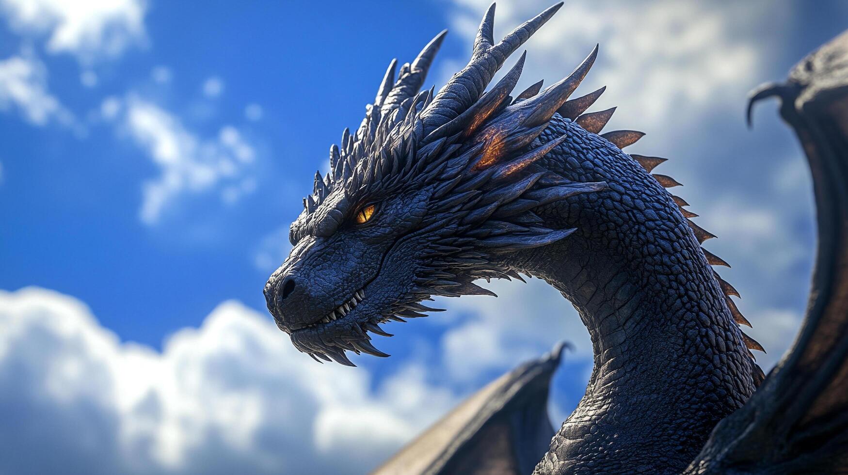 A magnificent dragon soars through a vibrant sky, its scales glinting in the sunlight, a symbol of power and freedom in flight. photo