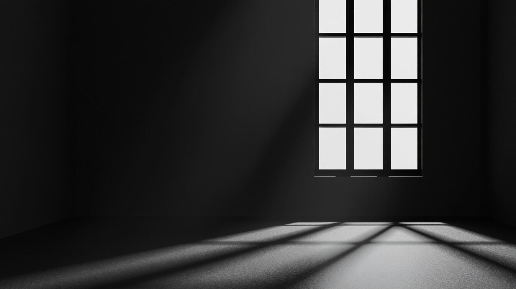 A stark room is lit by a window, creating geometric shadows. Minimalist interior focuses on light and shadow. Serene and contemplative. photo