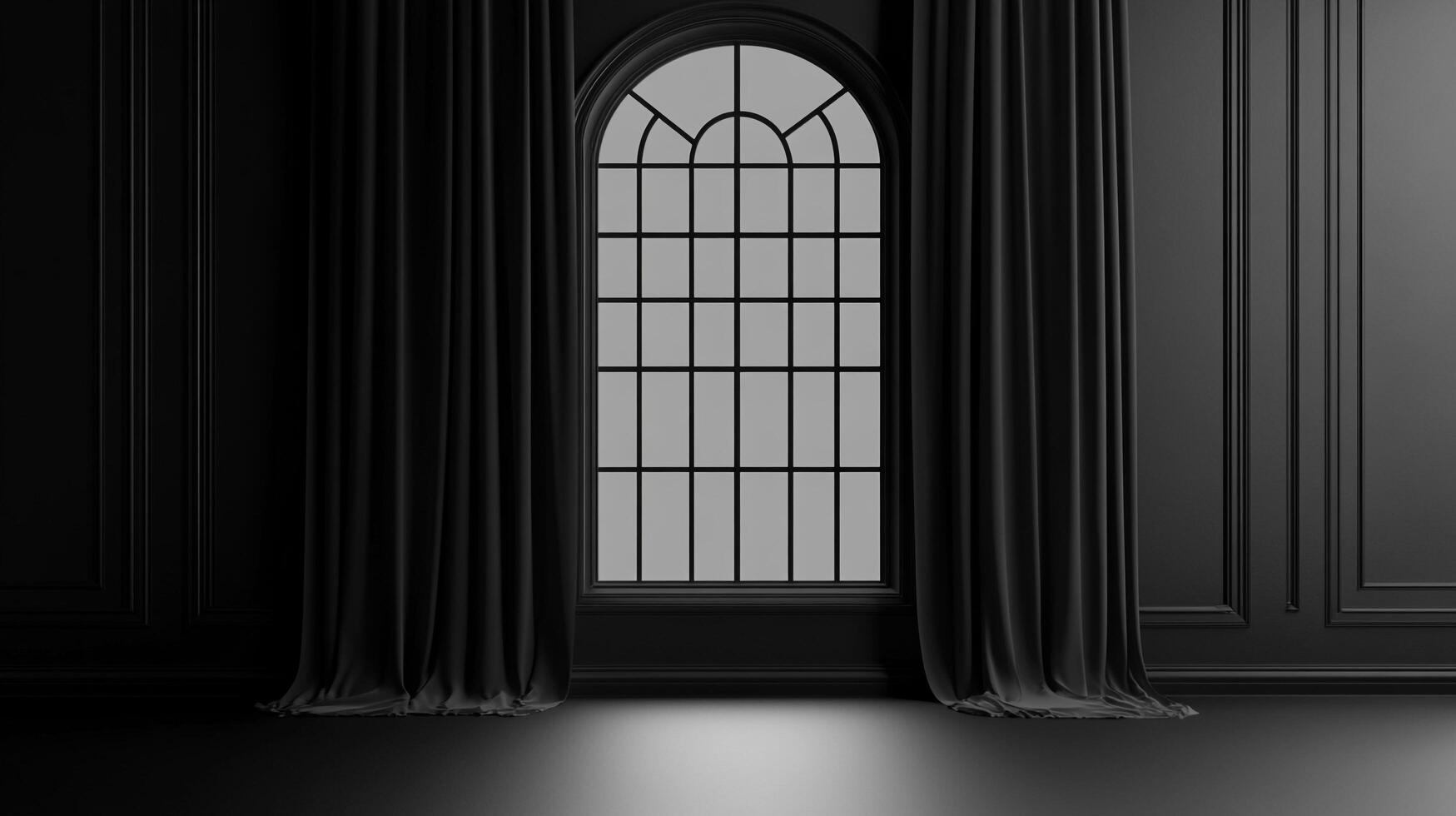 Elegantly dark interior, featuring an arched window framed by heavy drapes, evoking an ambiance of classic gothic sophistication. photo