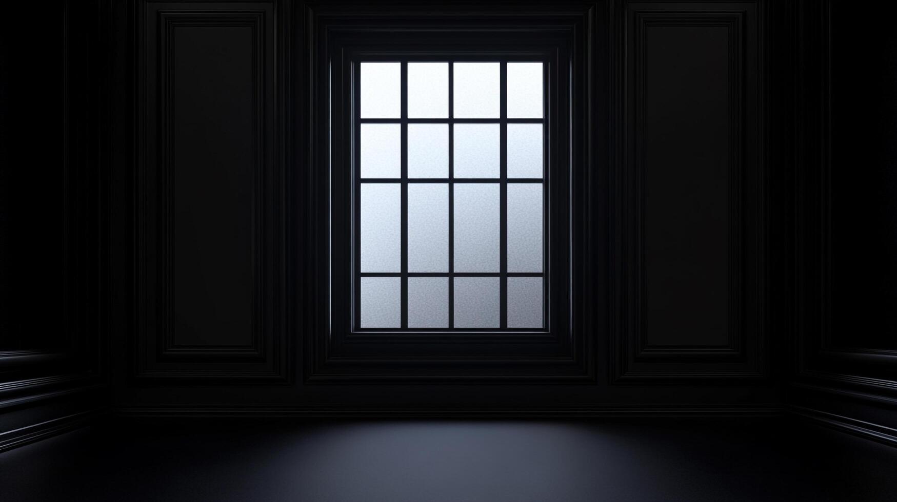 Monochromatic room featuring a central window, highlighting minimalist architectural details and a contrast between dark and light. photo