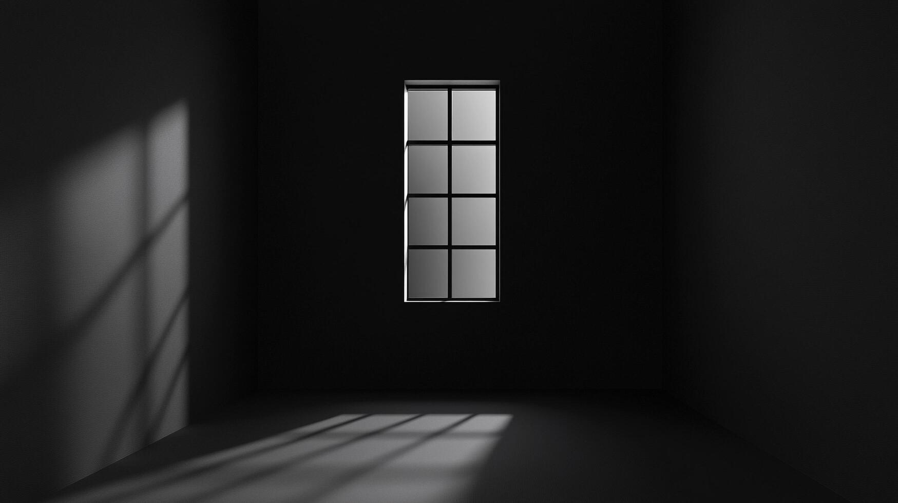 Minimalist composition of a window illuminating a dark, empty room with geometric shadows and contrasting shades of black and gray. photo