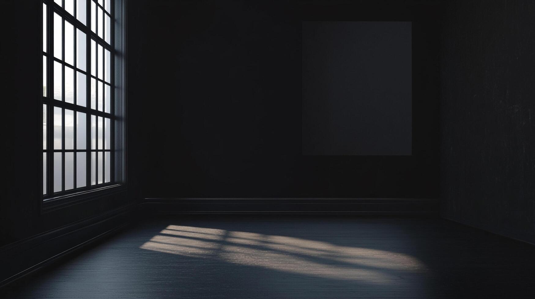 Dark room with large window casting sun rays on the floor. Sparse and moody interior design with monochromatic color palette. photo