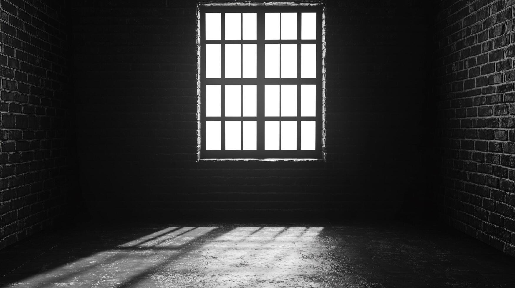 Monochrome image depicting a dimly lit room, a grid window casting stark shadows, creating an atmosphere of suspense and mystery. photo