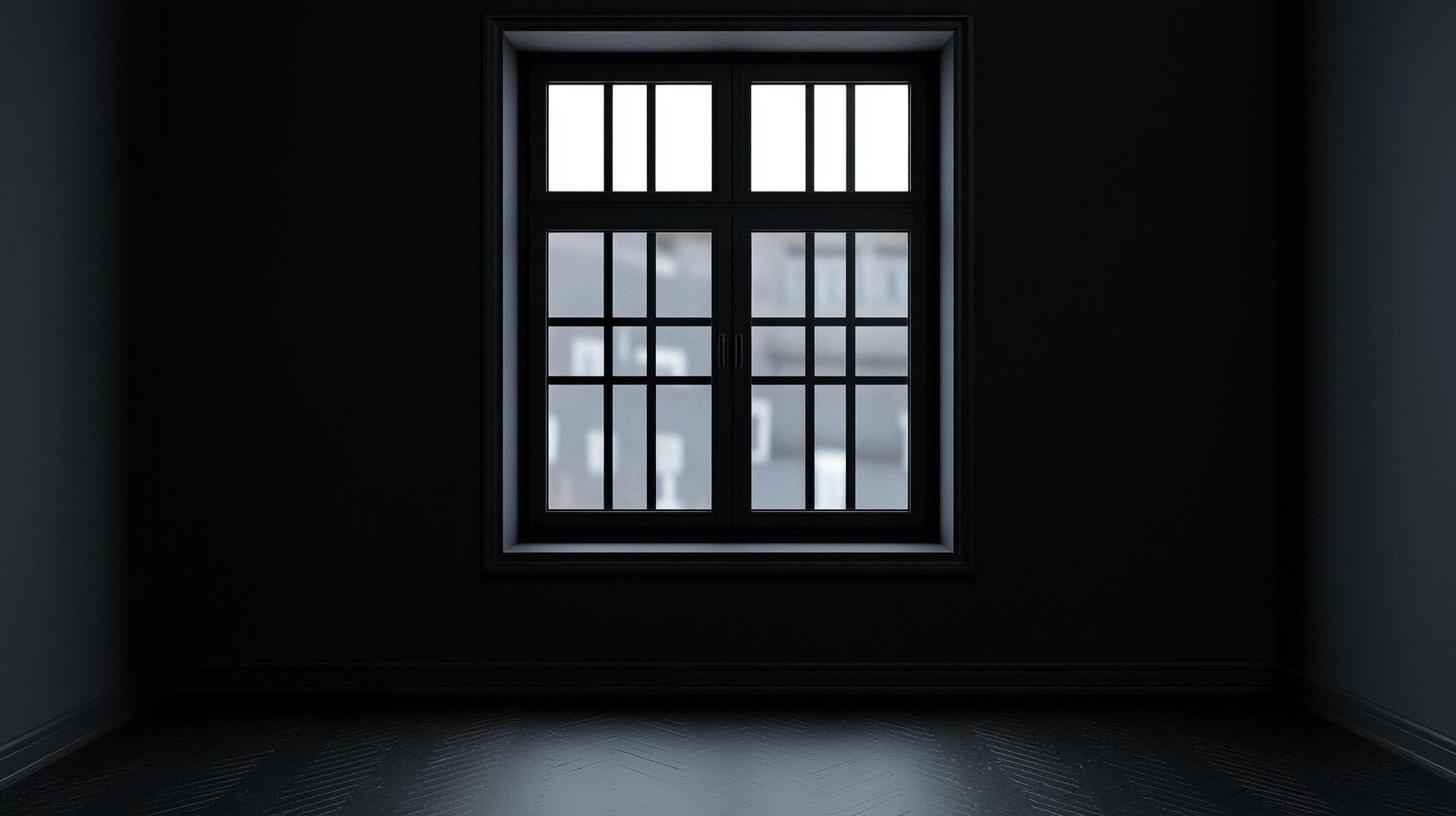 An empty, dimly lit room with a window reflecting the blurred cityscape. The dark interior creates a sense of mystery and stark simplicity. photo